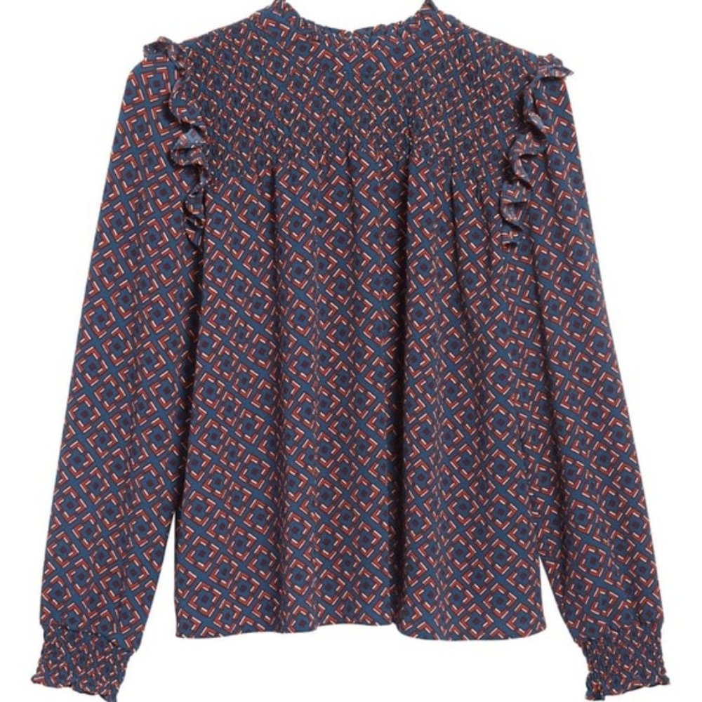 Leith Blue Geometric Ruffle Long Sleeve Blouse